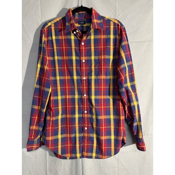 J Crew Shirt Mens Medium Blue Plaid Cotton Long Sleeve Button Down Yellow Red - Picture 1 of 8